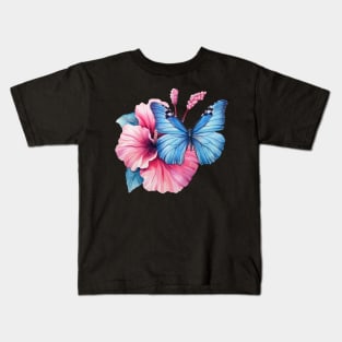 Blue Butterfly on Pink Hibiscus Watercolor Kids T-Shirt